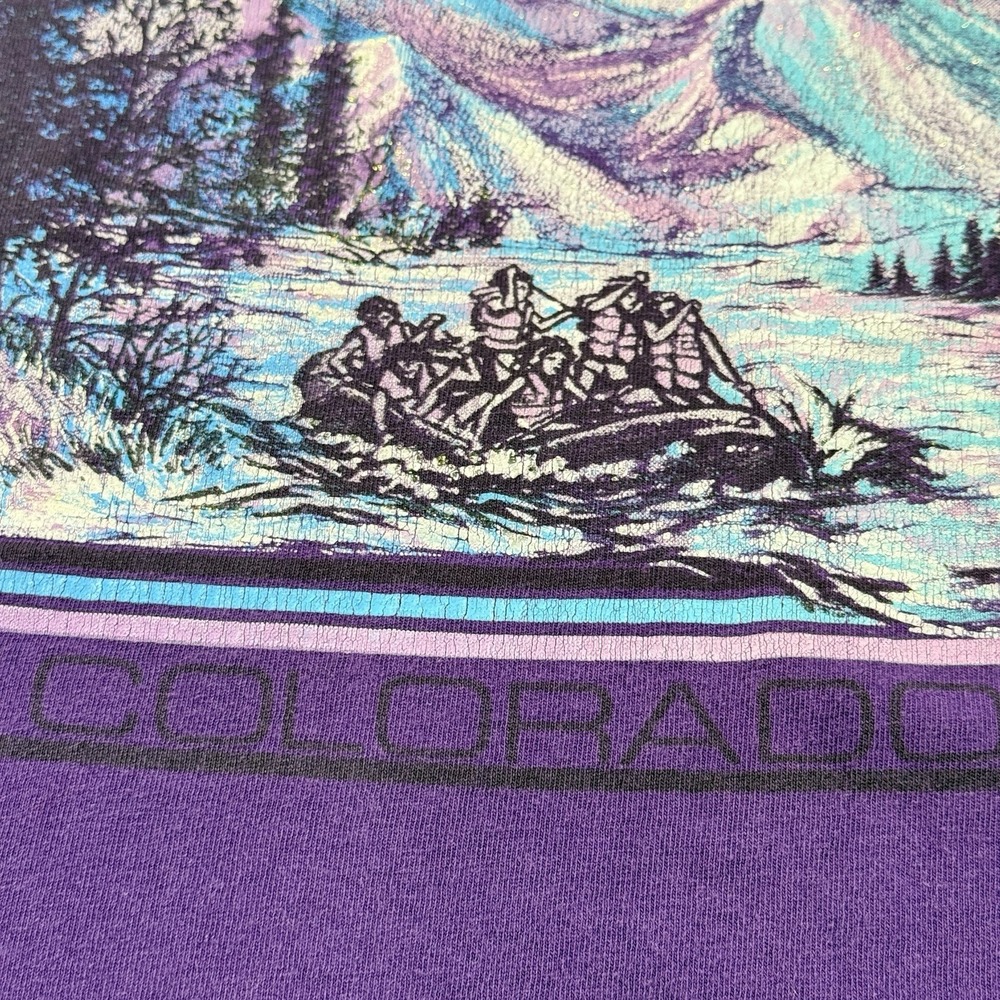 VTG 1992 Glitter Graphic T Shirt L Arkansas River Rafting Colorado Purple USA - Picture 9 of 16